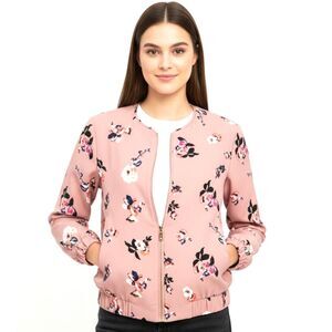 Ivanka Trump Womens 2 Pink Floral Bomber Jacket Silk Lined Vibrant Zip Up